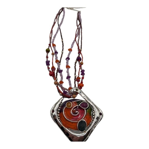 Boho Colorful Beaded Necklace & Earrings Set With Abstract Pendant Demi Parure - Picture 4 of 6